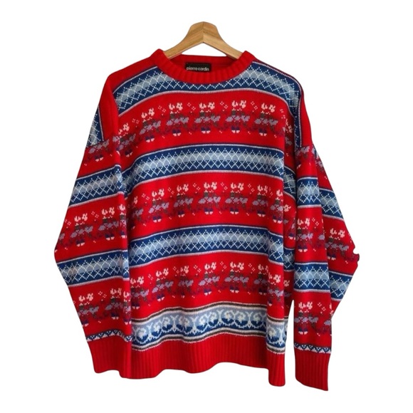 Vintage Pierre Cardin Red Blue Fair Isle Flowers Christmas Holiday Sweater - Picture 1 of 6